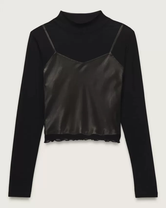 Top a maniche lunghe in raso a rete