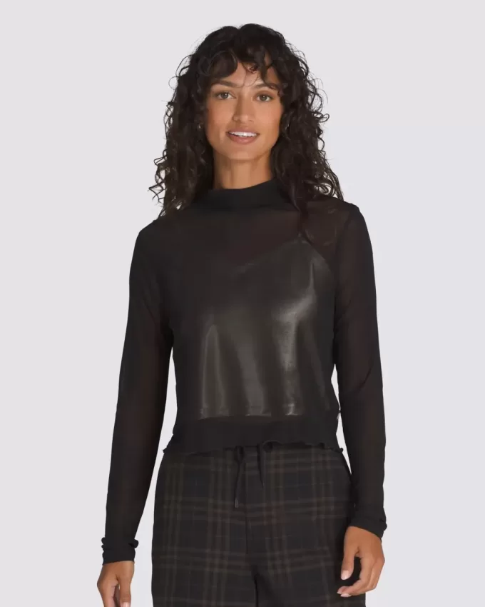 Top a maniche lunghe in raso a rete