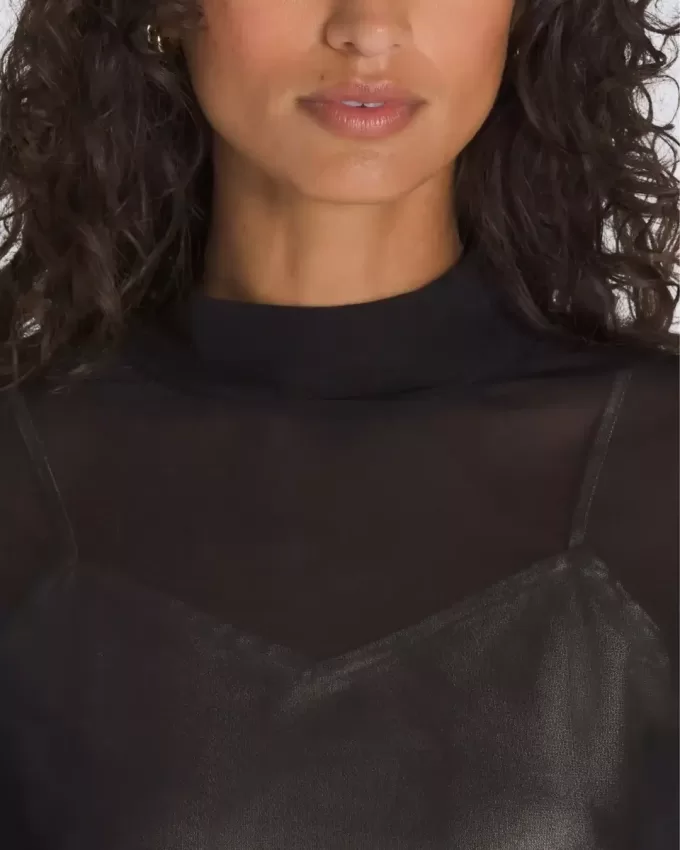 Top a maniche lunghe in raso a rete